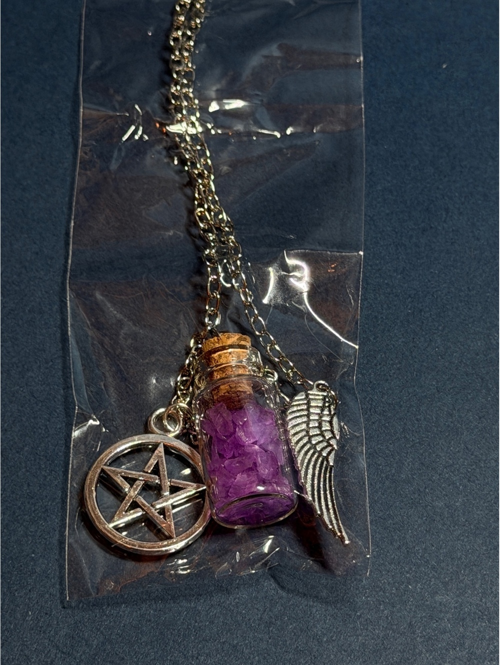 Supernatural Charm Angel Wing Pentagram Salt Pendant Protection Necklace